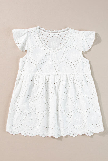 White V Neck Ruffled Embroidered Sleeveless Top