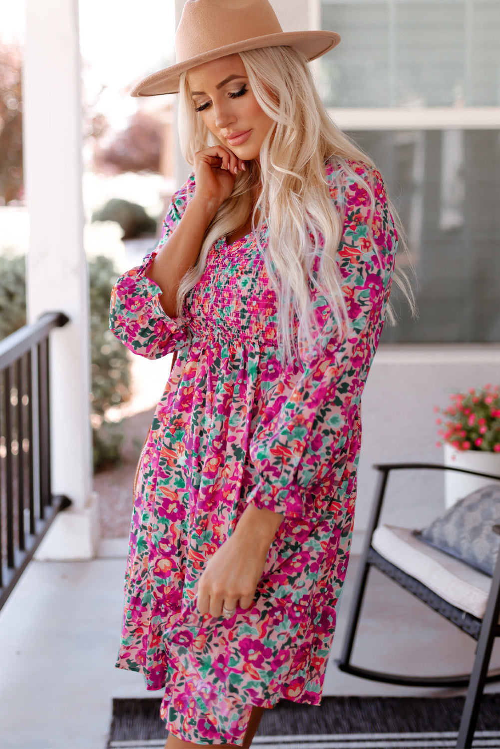 Purple Smocked V Neck Puffy Sleeve Floral Dress