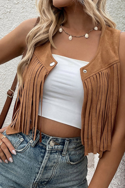 Camel Fringed Snap Button Front Suedette Vest