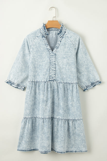 Dusk Blue Acid Wash Retro Half Sleeve Flared Denim Dress