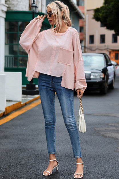 Pink Exposed Seam Chest Pocket Loose Sleeve Oversized Top