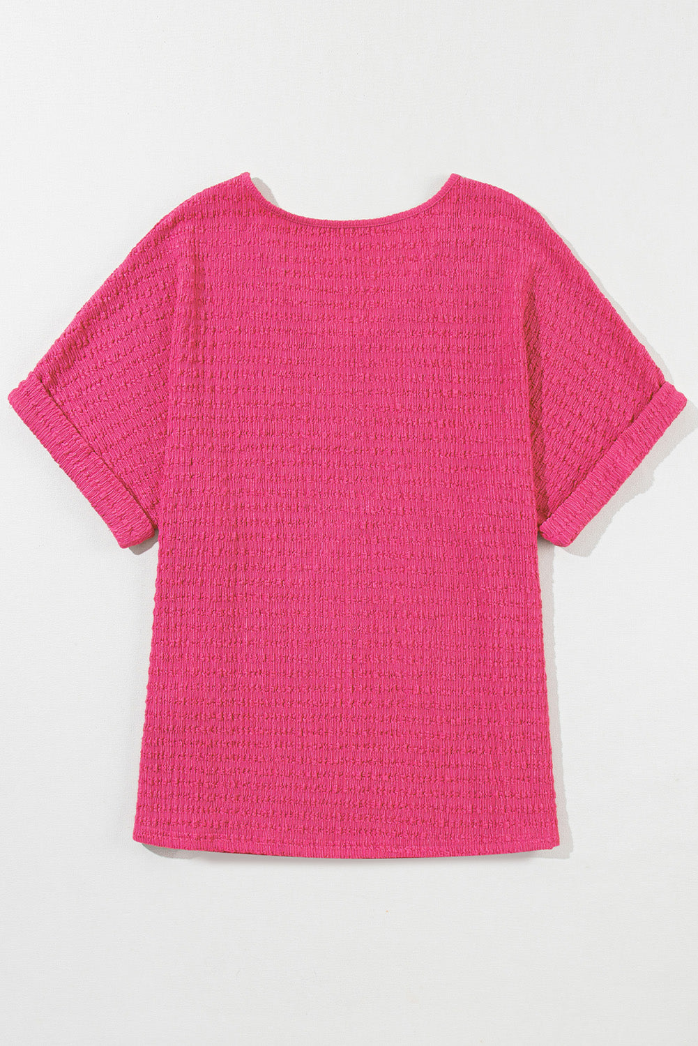 Bright Pink Textured Rolled Sleeve V Neck Tee