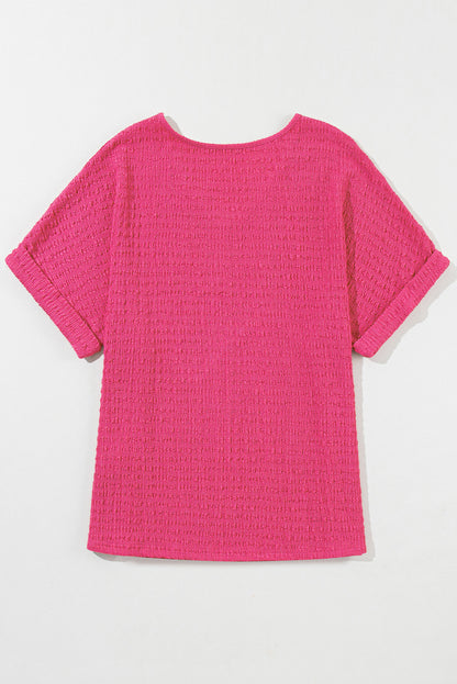 Bright Pink Textured Rolled Sleeve V Neck Tee