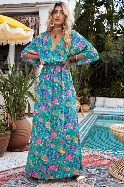 Green Boho Deep V Neck Floral Maxi Dress