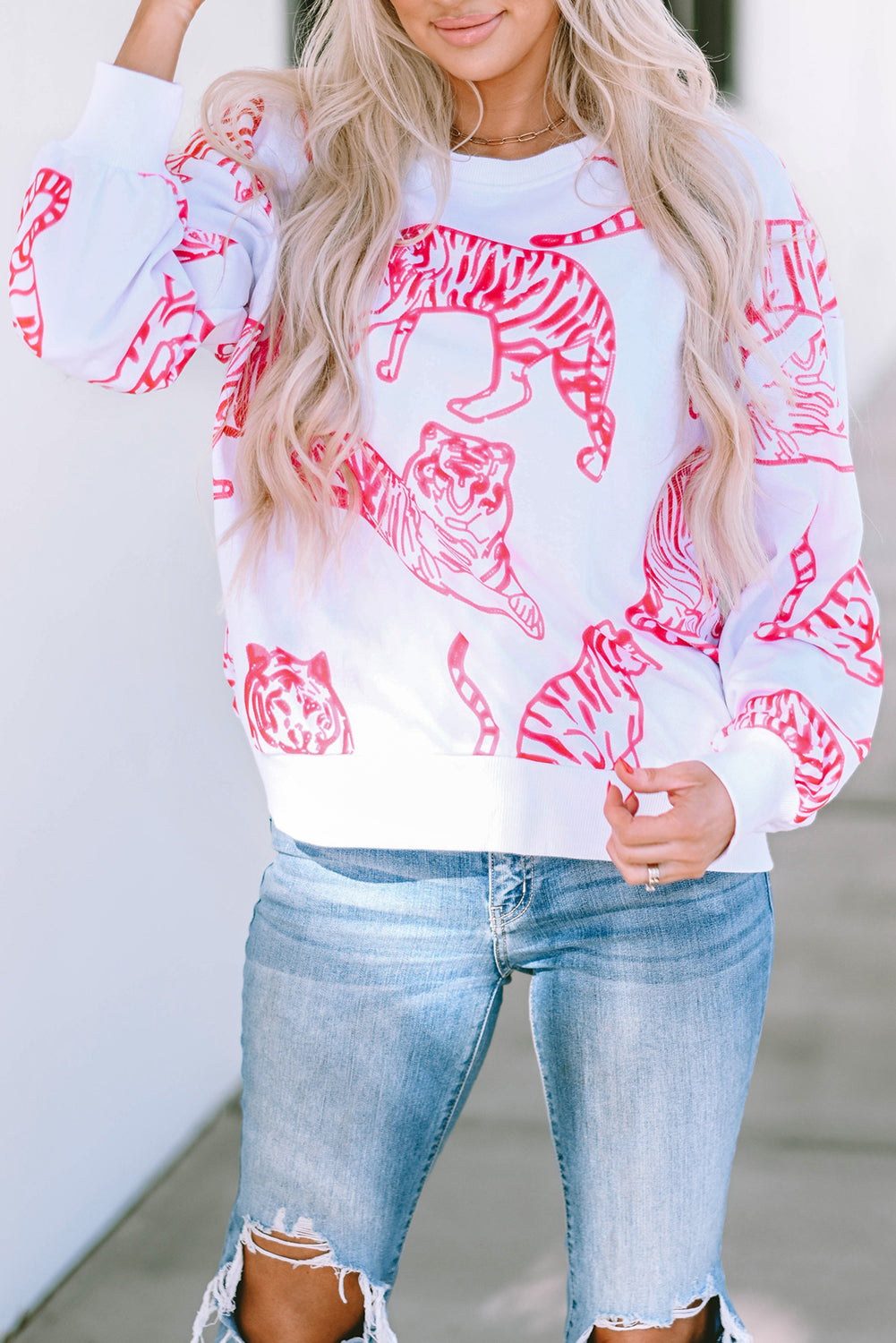 Bright White Pink Animal Print Pullover Sweatshirt