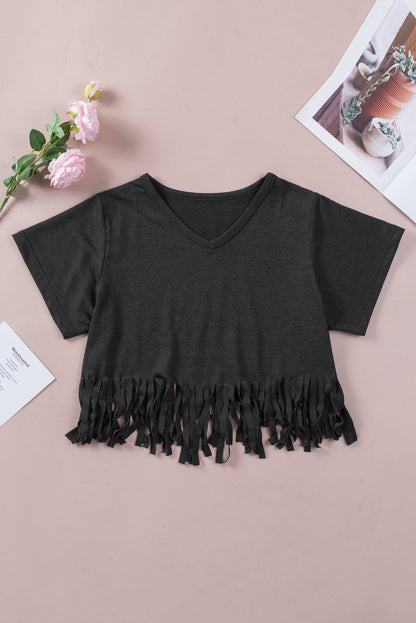 Black Fringe Hem V Neck T Shirt