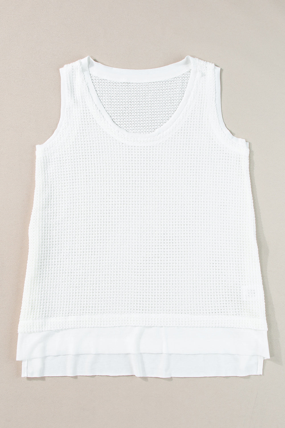 White Scoop Neck Waffle Knit Flowy Vest