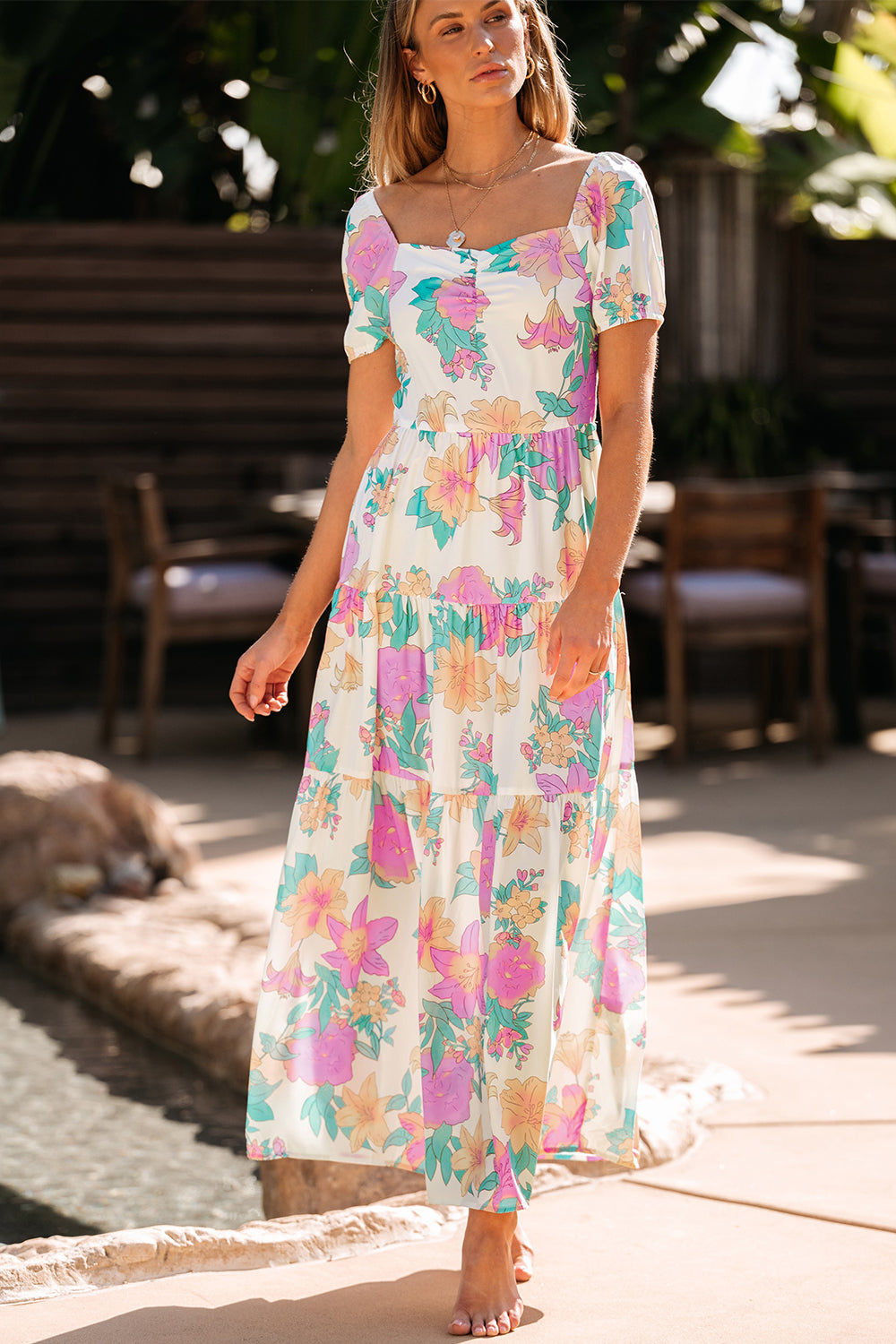 Multicolor Square Neck Puff Sleeve Tiered Floral Maxi Dress