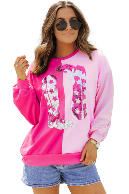 Pink Color Block Sequined Cowgirl Boots Graphic Sweatshirt