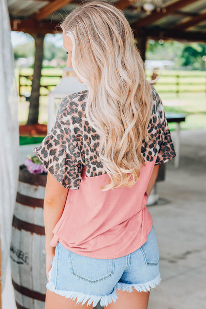 Pink Leopard Sequin Colorblock Patchwork Short Sleeve Top