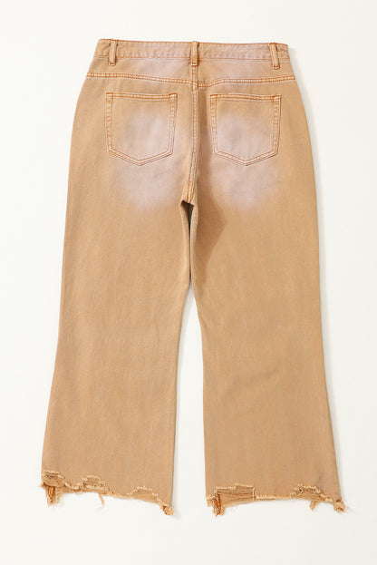 Brown Distressed Hollow-out High Waist Cropped Flare Jeans