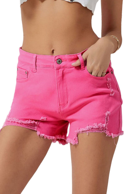 Rose Distressed Slim Fit High Waist Denim Shorts