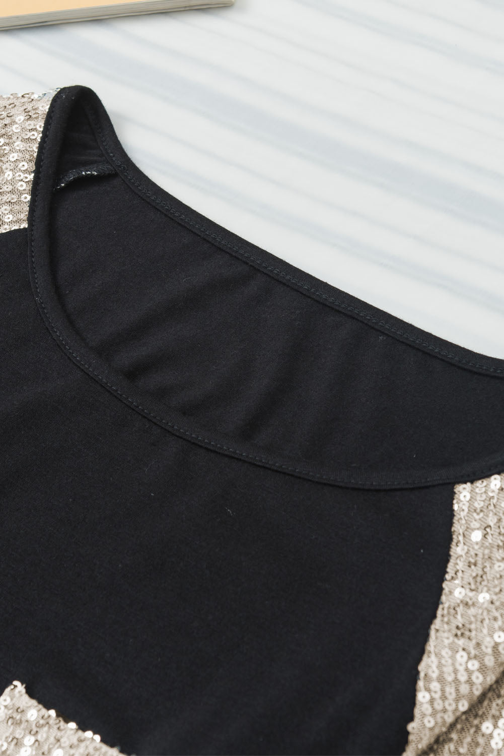 Black Sequin Patch Chest Pocket Raglan Sleeve Top