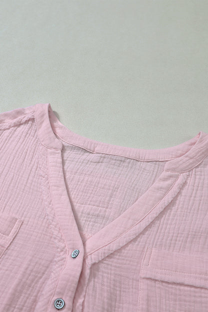 Pink Crinkle Long Sleeve Distressed Split Henley Top