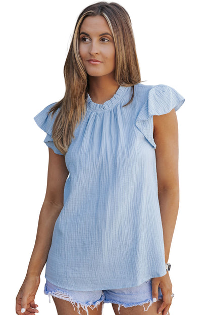 Sky Blue Flutter Sleeve Frilled Neck Textured Blouse