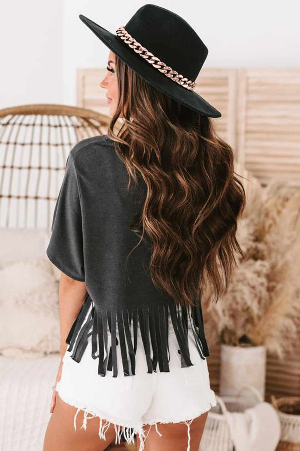 Black Fringe Hem V Neck T Shirt