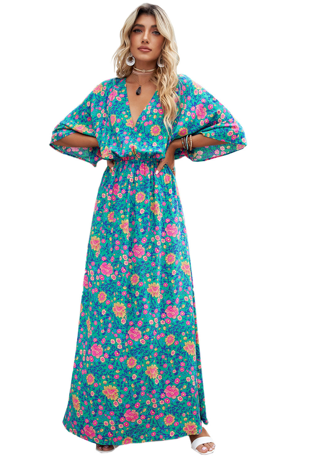 Green Boho Deep V Neck Floral Maxi Dress