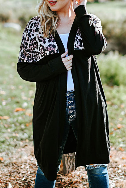 Black Leopard Detail Plus Size Cardigan