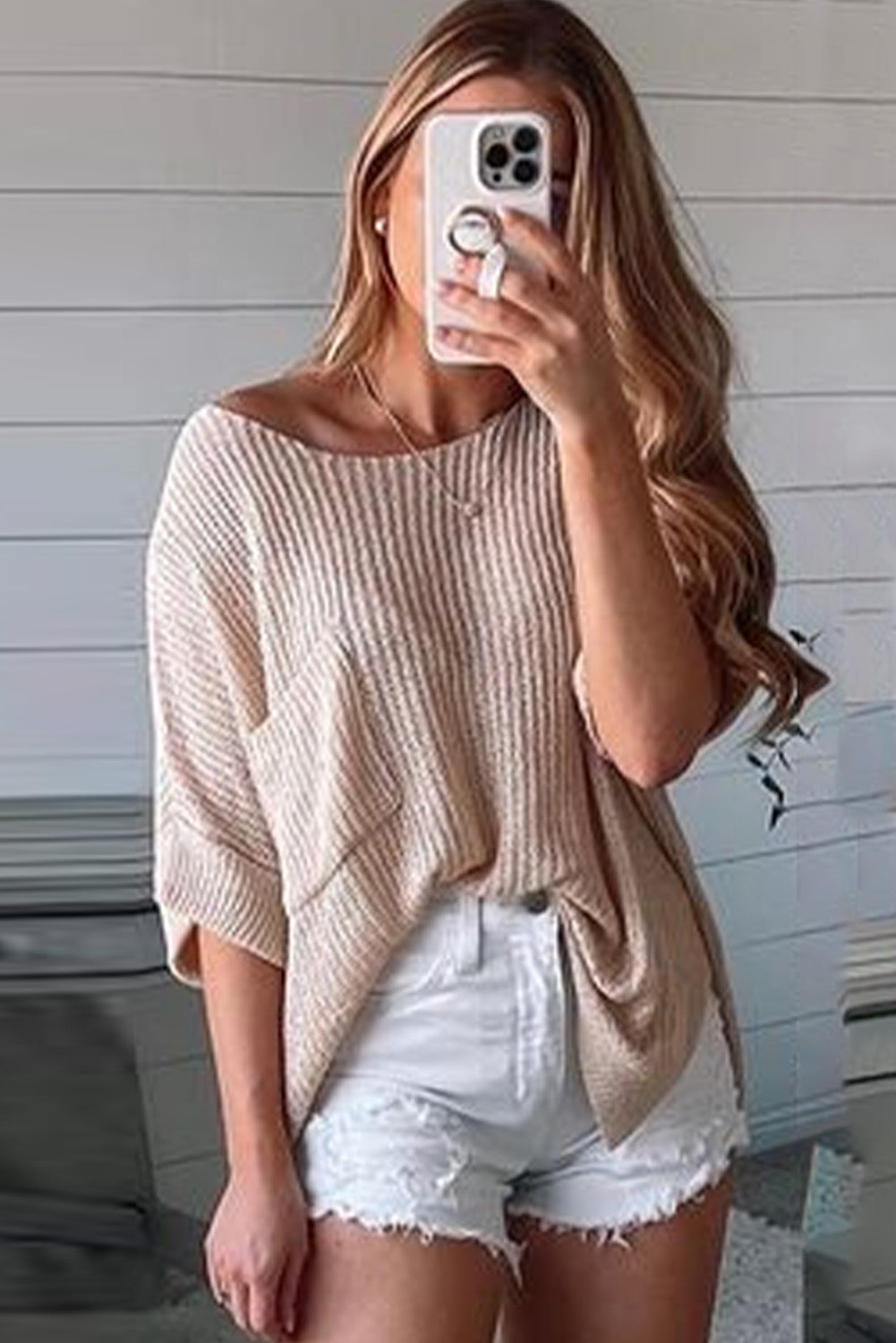 Apricot Loose Fit Split Pocket Half Sleeve Knitted Top