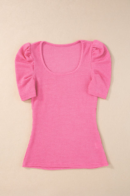 Bright Pink Waffle Knit Ruched Puff Sleeve Top