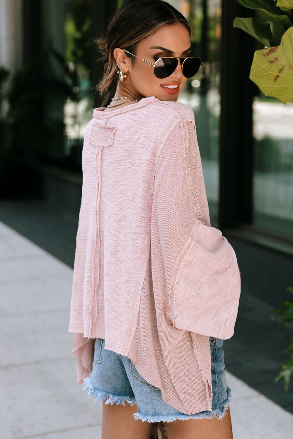 Pink Exposed Seam Chest Pocket Loose Sleeve Oversized Top