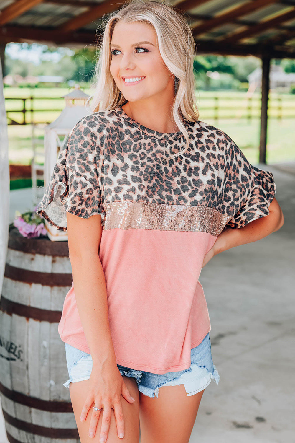 Pink Leopard Sequin Colorblock Patchwork Short Sleeve Top