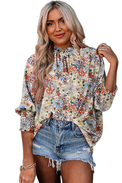 Multicolor Shirred Cuffs Bubble Sleeve Floral Blouse