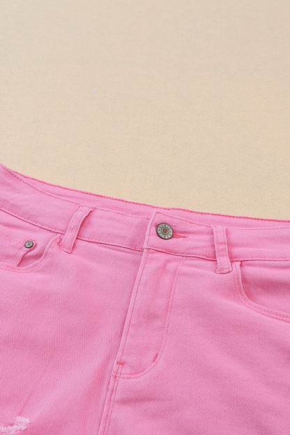 Rose Solid Color Distressed Denim Shorts