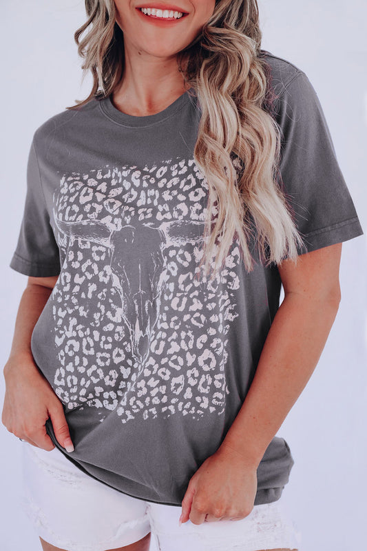 Gray Leopard Bull Skull Graphic Tee