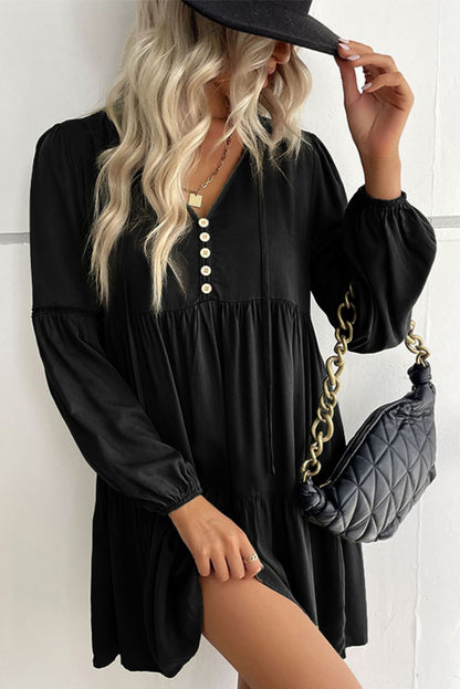 Black Lace Puff Sleeve Buttoned Tiered Ruffled Mini Dress