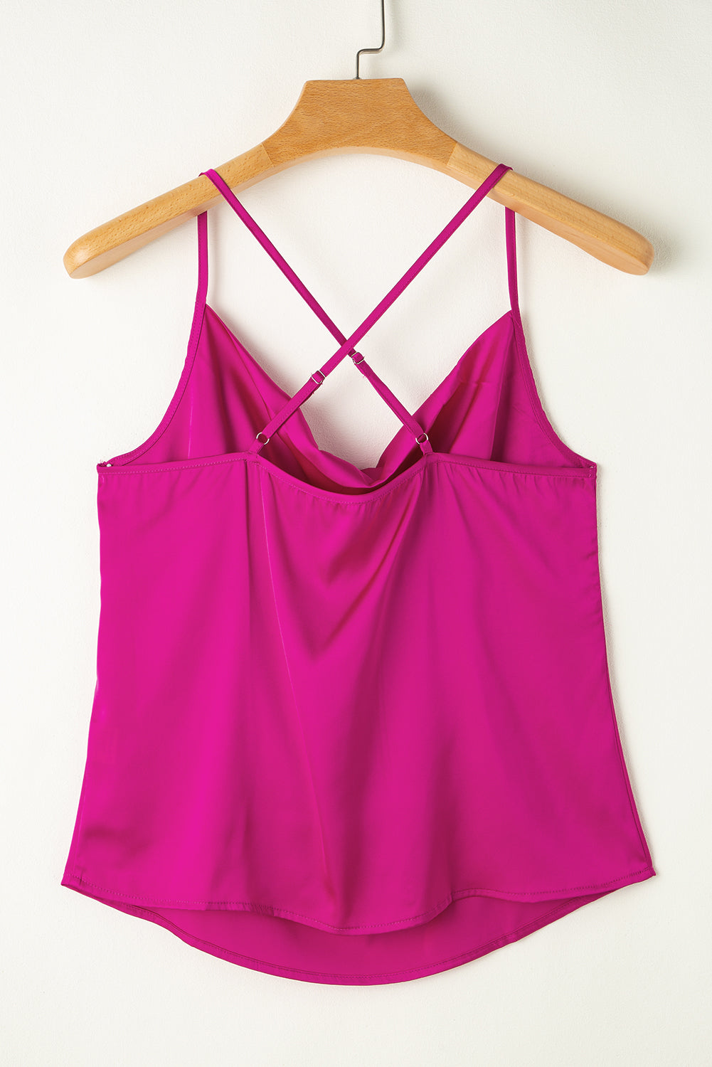 Rose Red Cowl Neck Spaghetti Strap Criss Cross Satin Tank Top