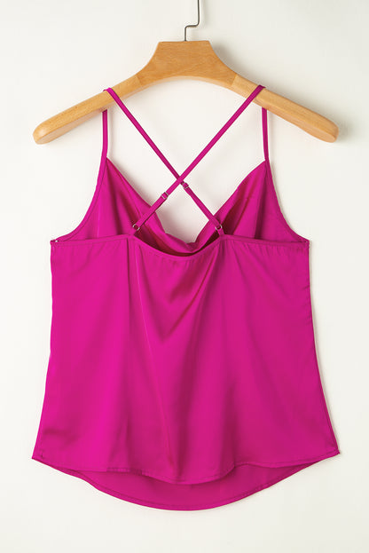 Rose Red Cowl Neck Spaghetti Strap Criss Cross Satin Tank Top