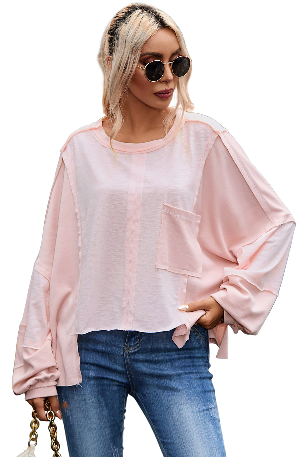 Pink Exposed Seam Chest Pocket Loose Sleeve Oversized Top