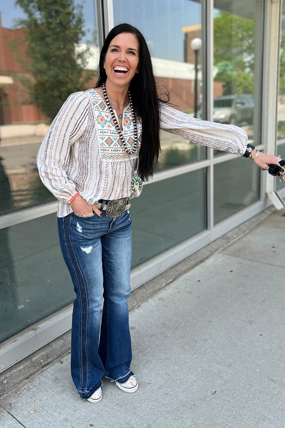 White Stripe  Notched Neckline Striped Aztec Embroidered Blouse