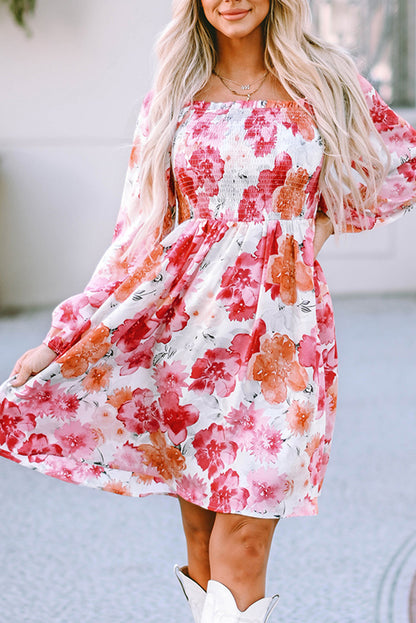 White Floral Print Smocked Puff Sleeve Mini Dress