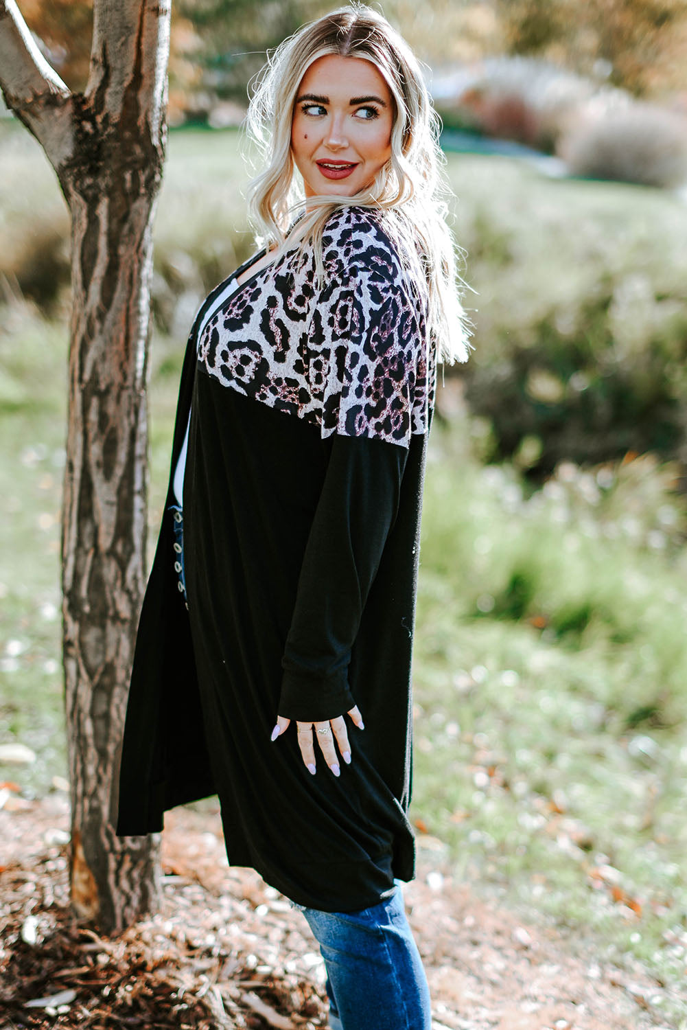 Black Leopard Detail Plus Size Cardigan