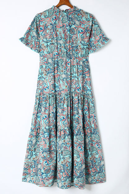 Sky Blue Paisley Print Boho Holiday Ruffle Tiered Maxi Dress