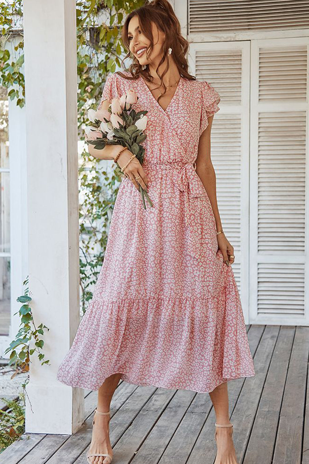 Pink Leopard Surplice Ruffled Sleeve Tiered Long Dress