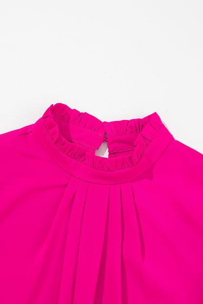 Bright Pink Pleated Mock Neck Frilled Trim Sleeveless Top