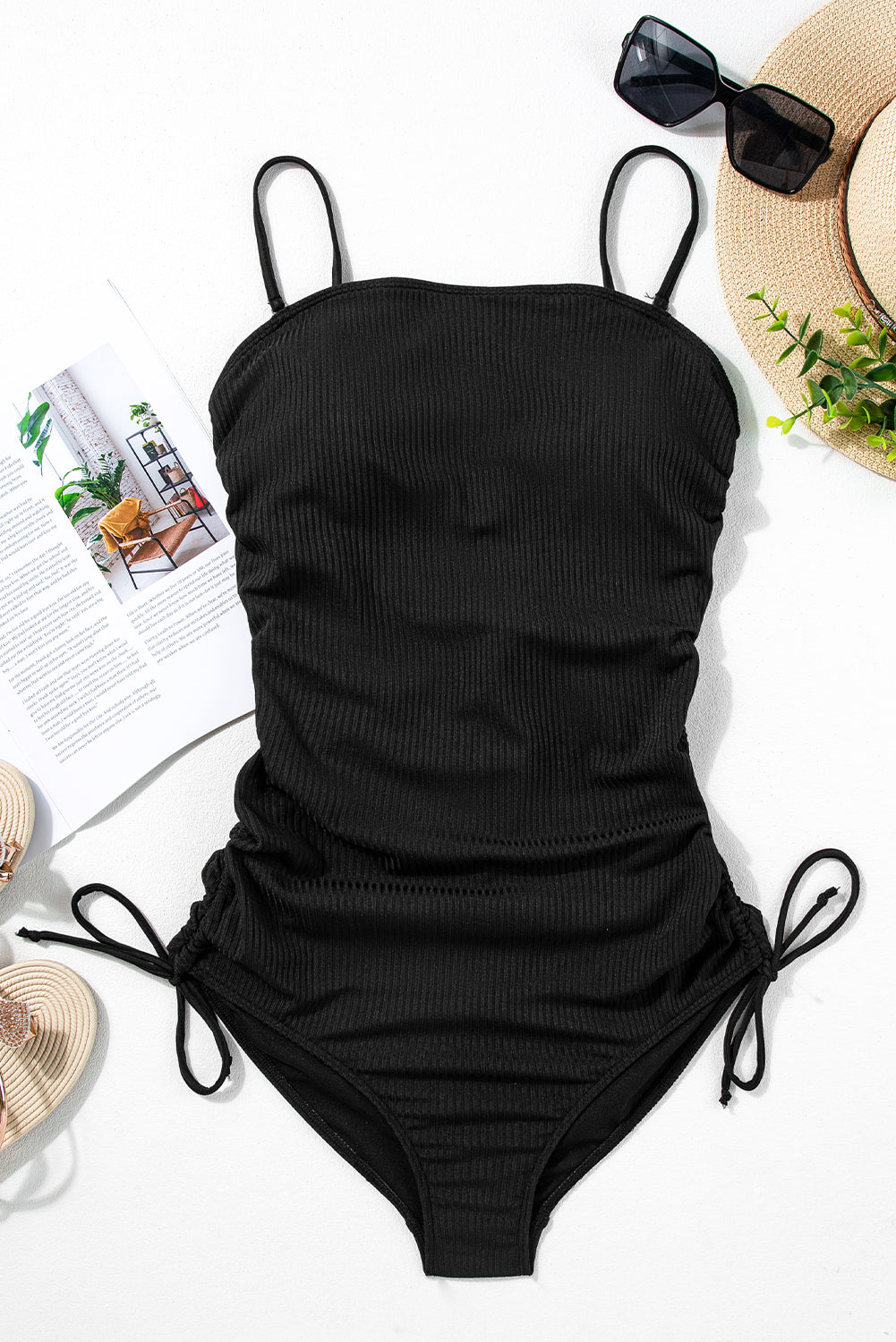 Black Ribbed Drawstring Sides Cutout One Piece Swimsuit