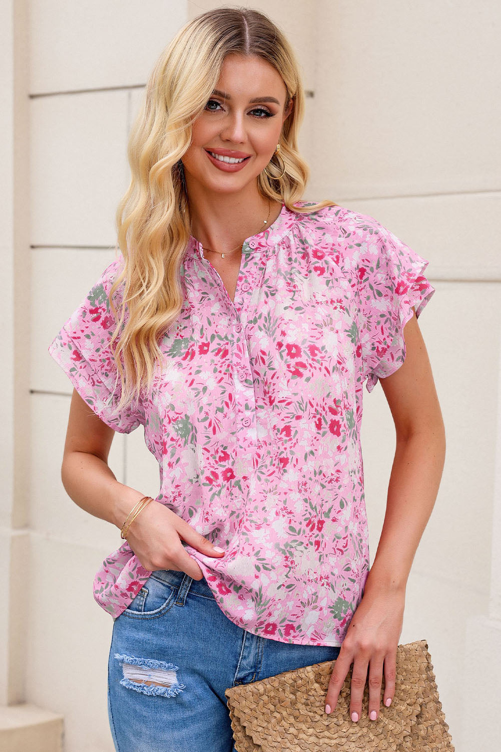 Pink Floral Mandarin Collar Top