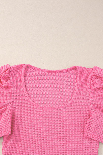 Bright Pink Waffle Knit Ruched Puff Sleeve Top