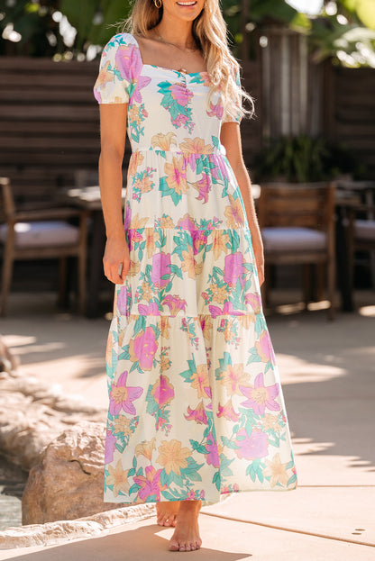 Multicolor Square Neck Puff Sleeve Tiered Floral Maxi Dress