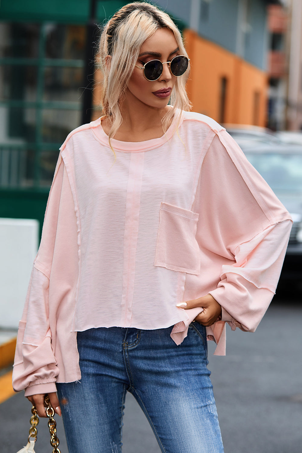 Pink Exposed Seam Chest Pocket Loose Sleeve Oversized Top