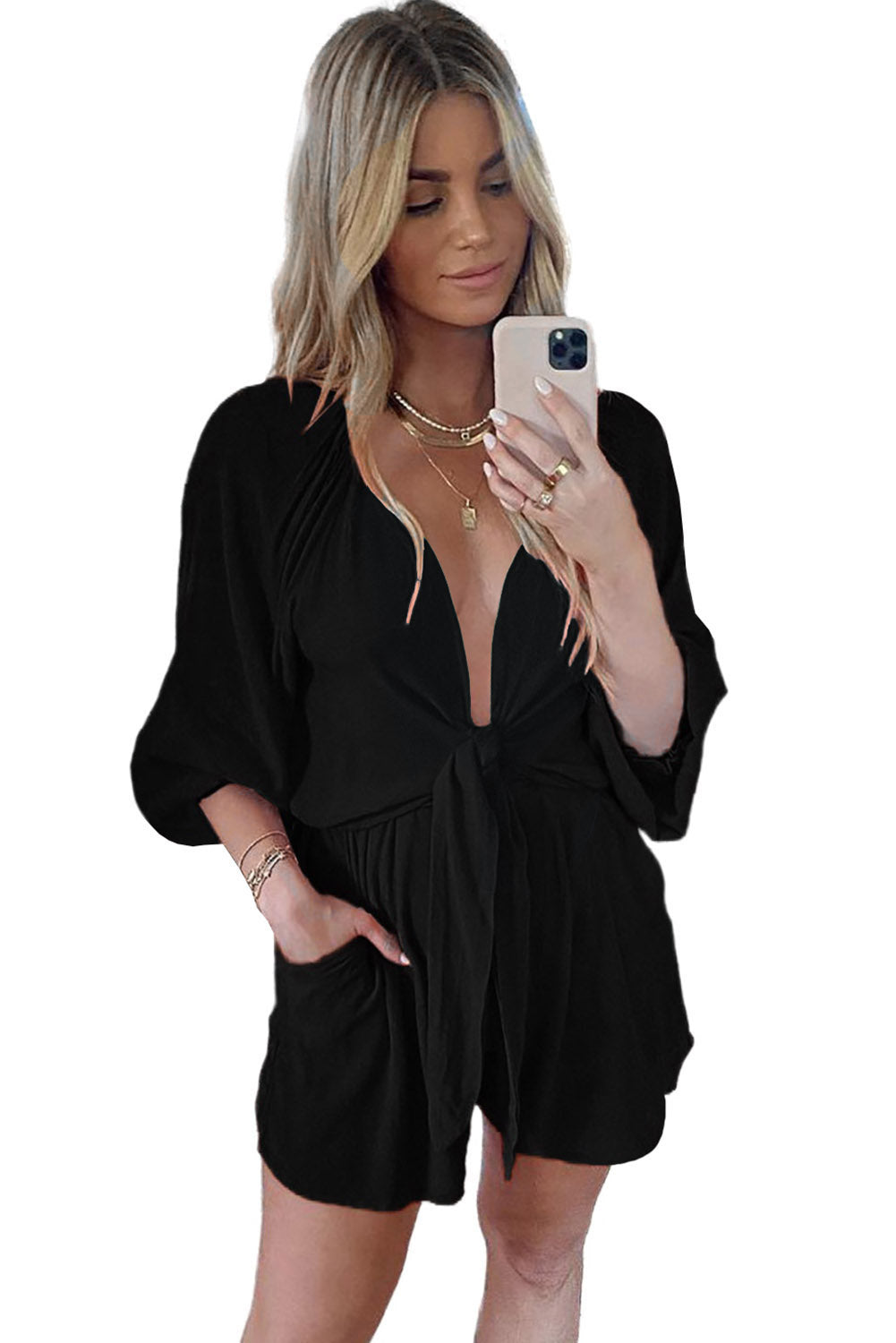 Black Tie Knot Puff Long Sleeve Romper