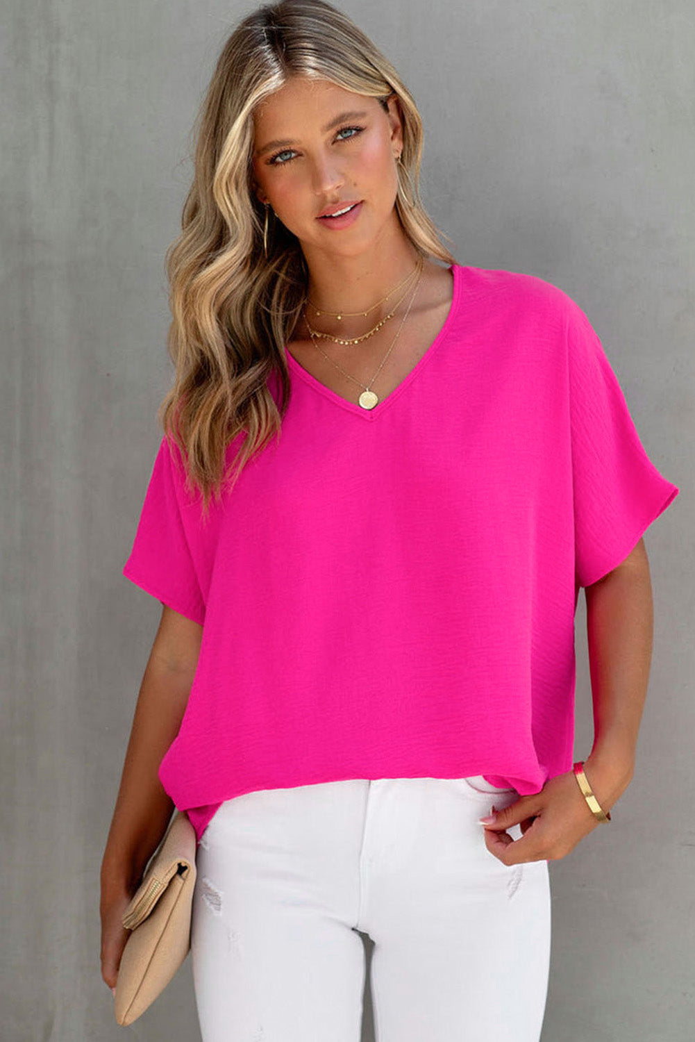 Rose Solid V Neck Short Sleeve Blouse