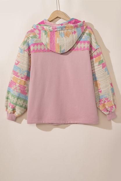 Light Pink Aztec Patch Drawstring Hooded Zip Up Jacket