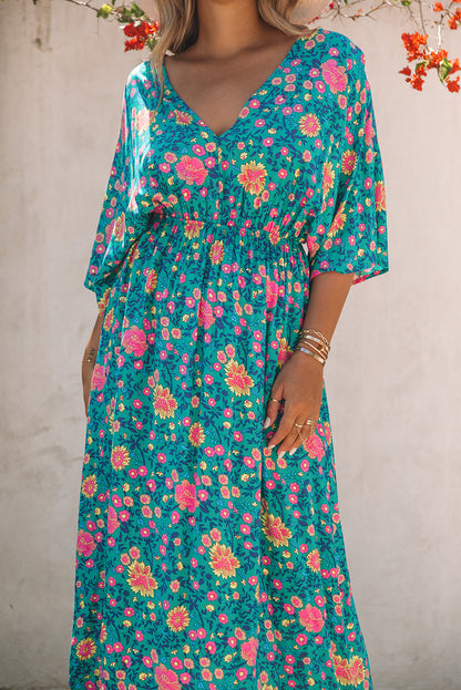 Green Boho Deep V Neck Floral Maxi Dress