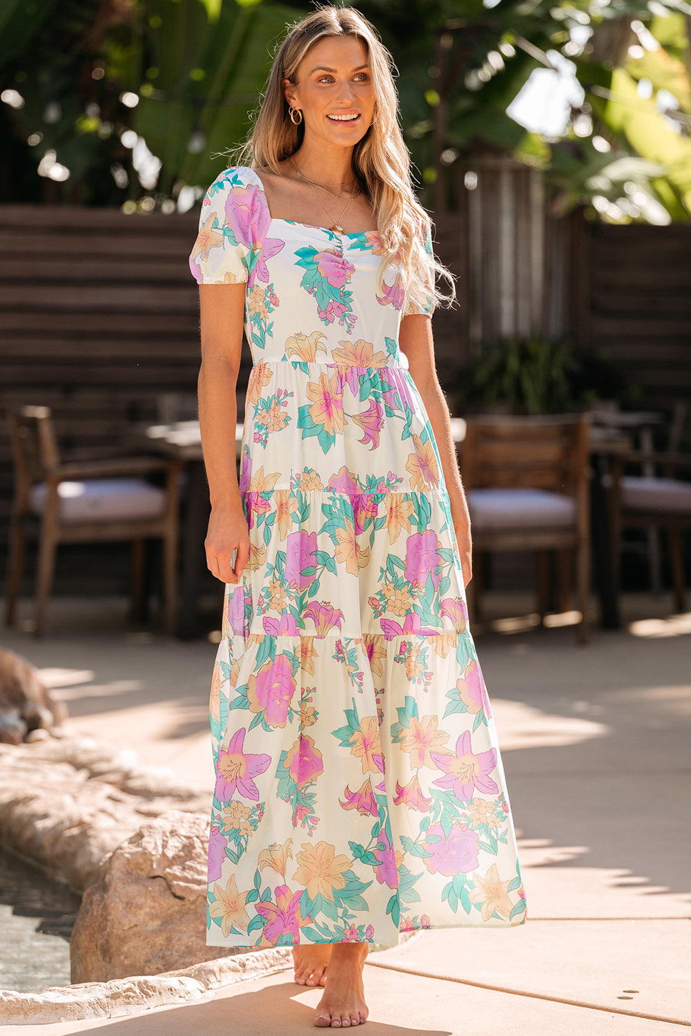 Multicolor Square Neck Puff Sleeve Tiered Floral Maxi Dress