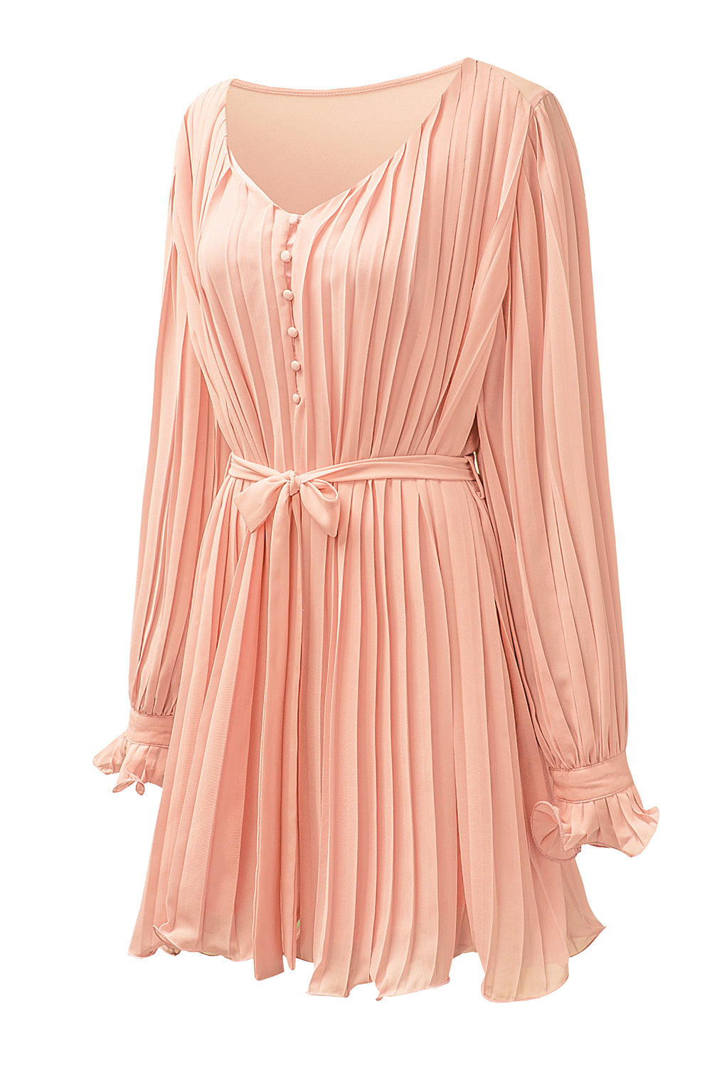 Pink Pleated Ruffled Tie Waist Buttons V Neck Romper